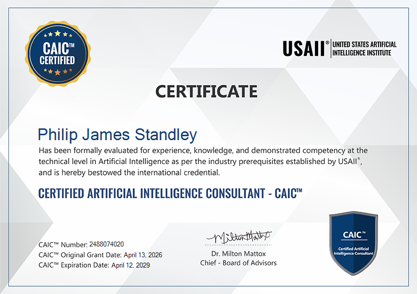 USAII Certified Artificial Intelligence Consultant certificate for Philip James Standley