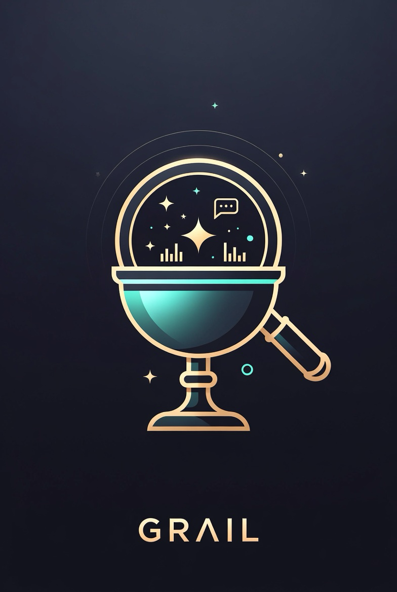 Grail visual showing data bars, signal dots, and a message bubble.
